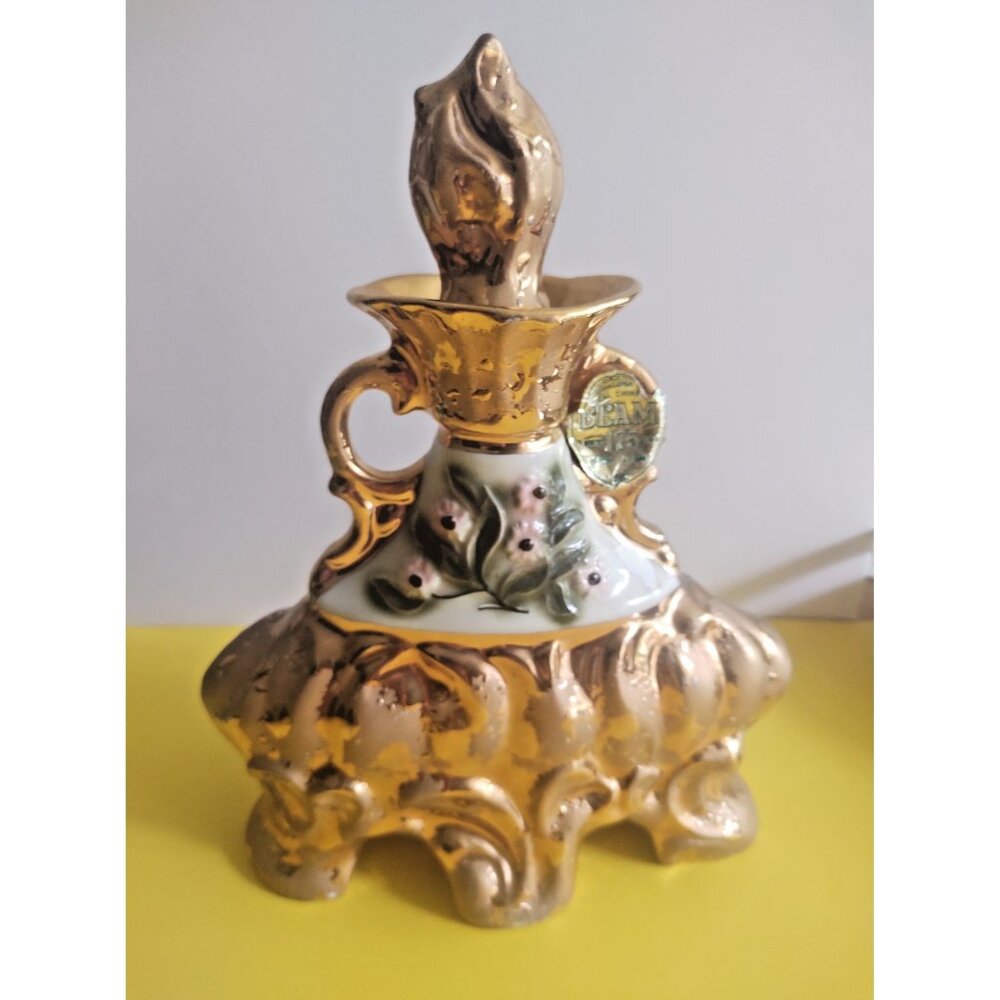 Jim Beam Whiskey Decanter Gold and Pink Flower Design by Regal Ceramics 1972